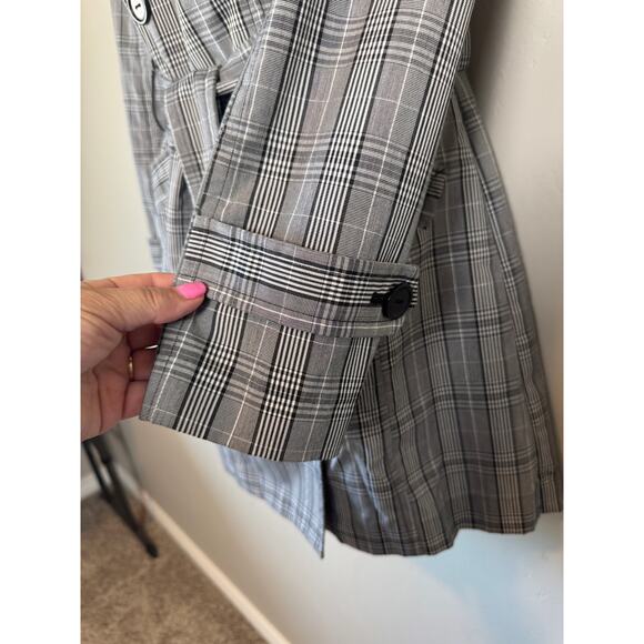 BCX Plaid Trench Coat L Black White Gray Belted Double Breasted Academia Y2K - Picture 7 of 14